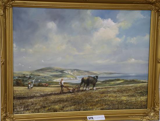 Roderick Lovesey, oil on canvas, Ploughing on the downs, signed, 44 x 60cm